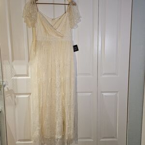 Soieblu Cream Lace Tulle Maxi Dress XL Slit Romantic Formal Bridal Fairy NWT$140